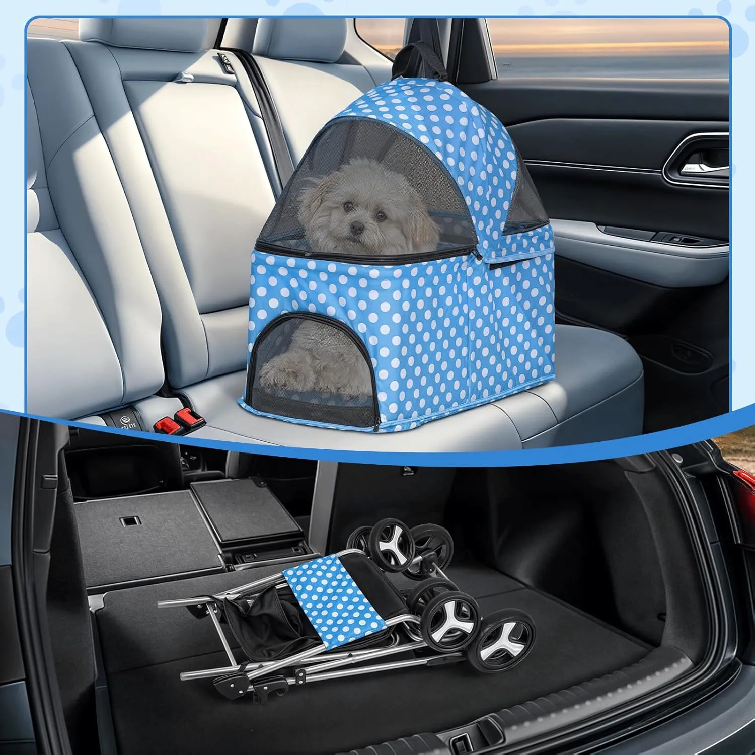 MoNiBloom 3 in 1 Foldable Pet Stroller for Small & Medium Dogs, Detachable Carrier, Car Seat, Push Button Entry, 4-Wheel Jogger for Pets up to 33 lbs, Sky Blue Polka Dots
