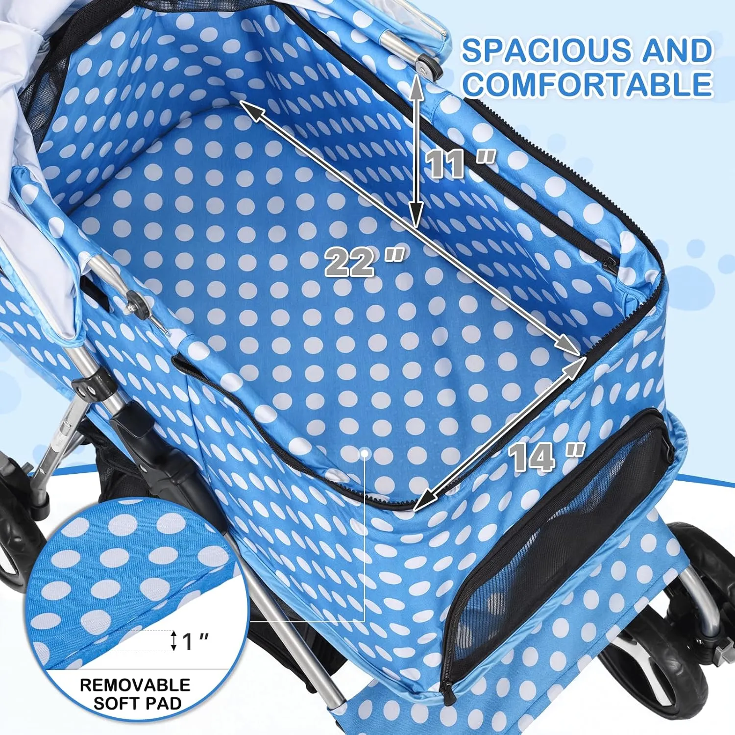 MoNiBloom 3 in 1 Foldable Pet Stroller for Small & Medium Dogs, Detachable Carrier, Car Seat, Push Button Entry, 4-Wheel Jogger for Pets up to 33 lbs, Sky Blue Polka Dots