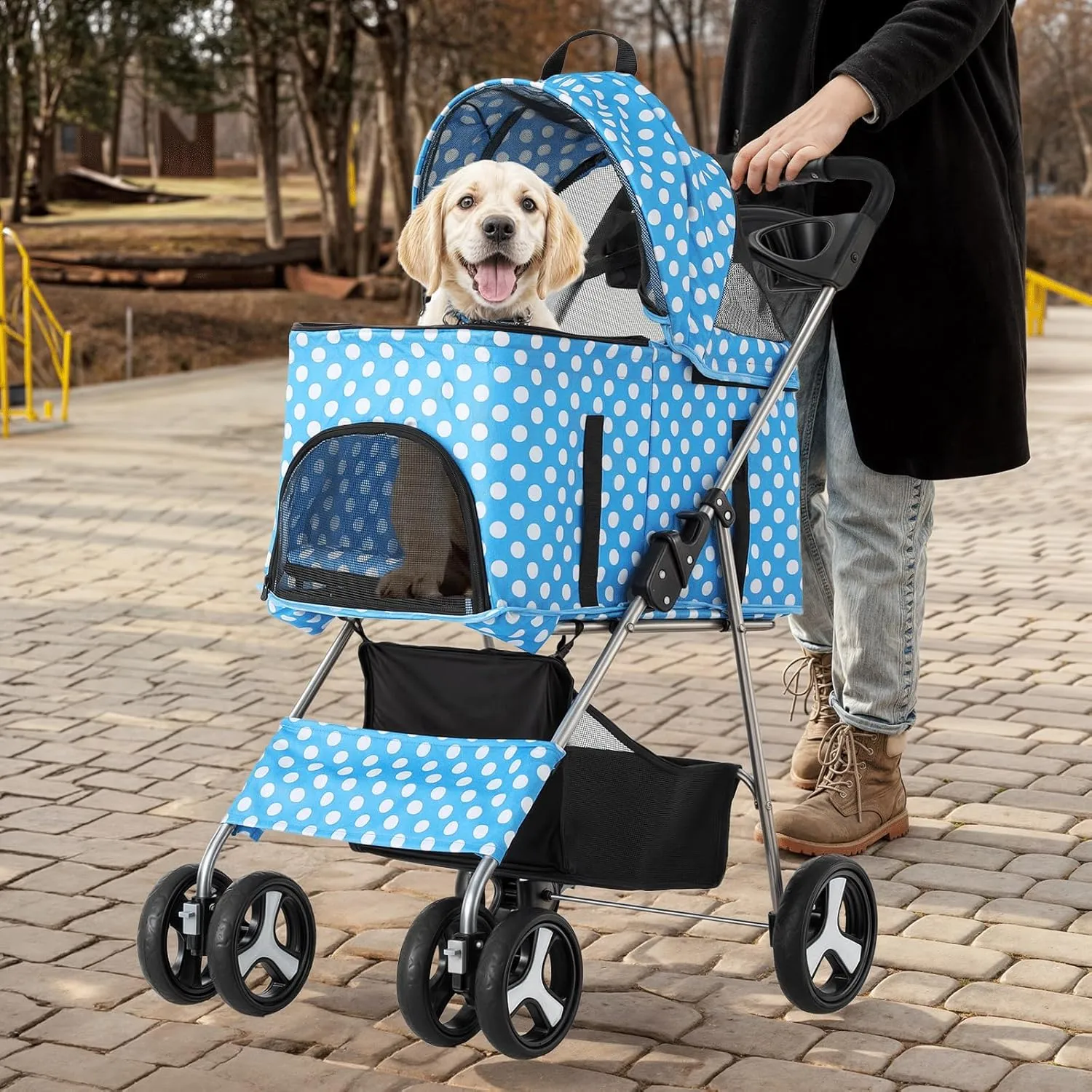 MoNiBloom 3 in 1 Foldable Pet Stroller for Small & Medium Dogs, Detachable Carrier, Car Seat, Push Button Entry, 4-Wheel Jogger for Pets up to 33 lbs, Sky Blue Polka Dots