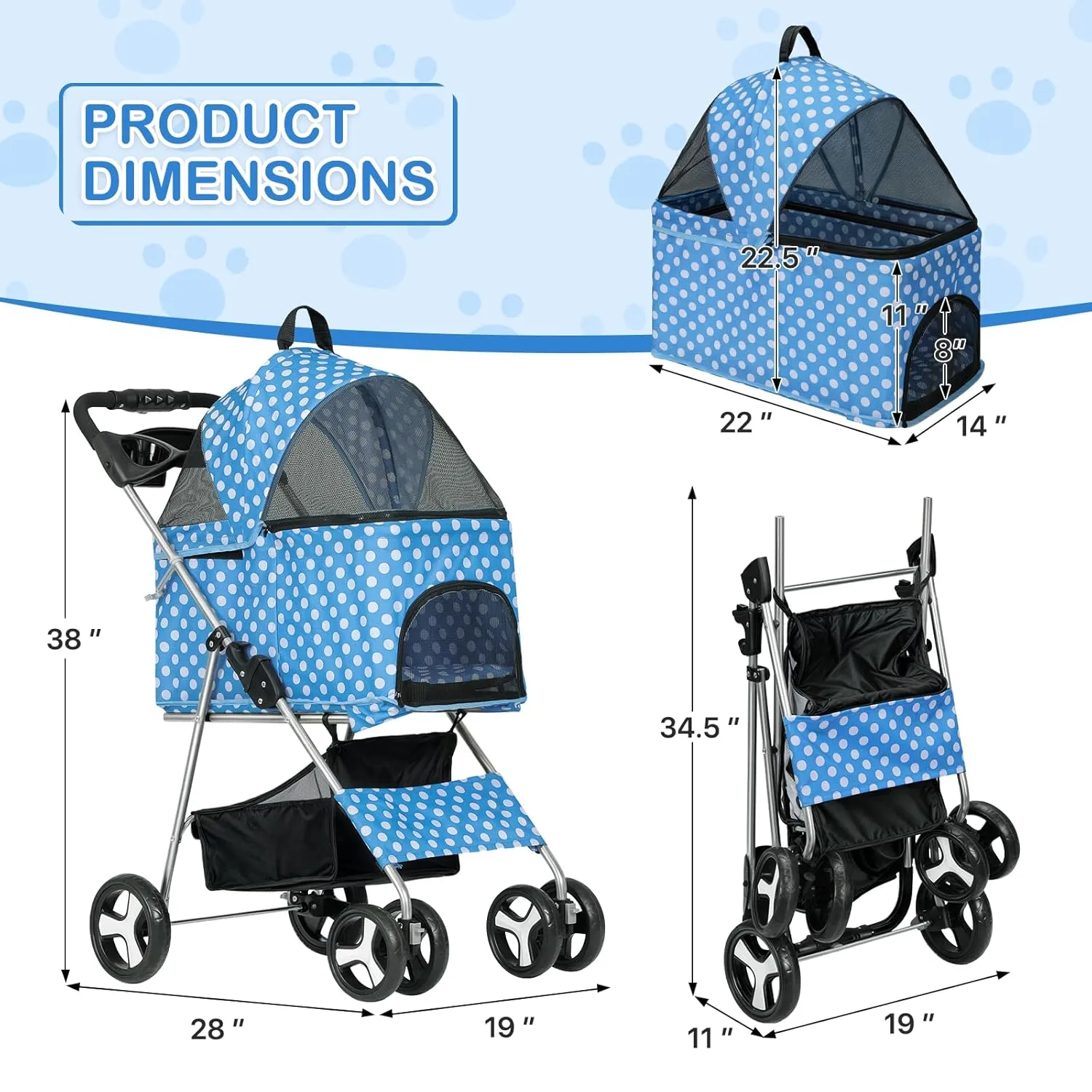 MoNiBloom 3 in 1 Foldable Pet Stroller for Small & Medium Dogs, Detachable Carrier, Car Seat, Push Button Entry, 4-Wheel Jogger for Pets up to 33 lbs, Sky Blue Polka Dots