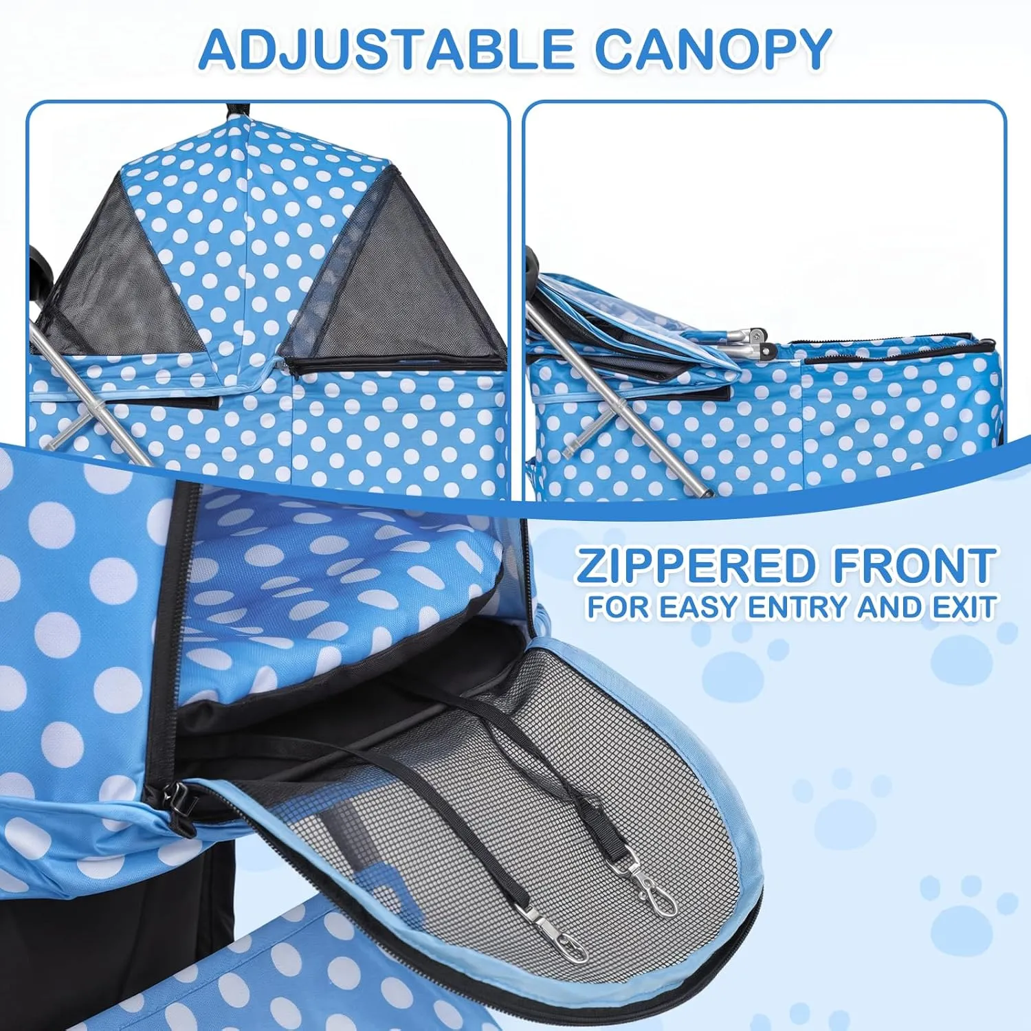 MoNiBloom 3 in 1 Foldable Pet Stroller for Small & Medium Dogs, Detachable Carrier, Car Seat, Push Button Entry, 4-Wheel Jogger for Pets up to 33 lbs, Sky Blue Polka Dots