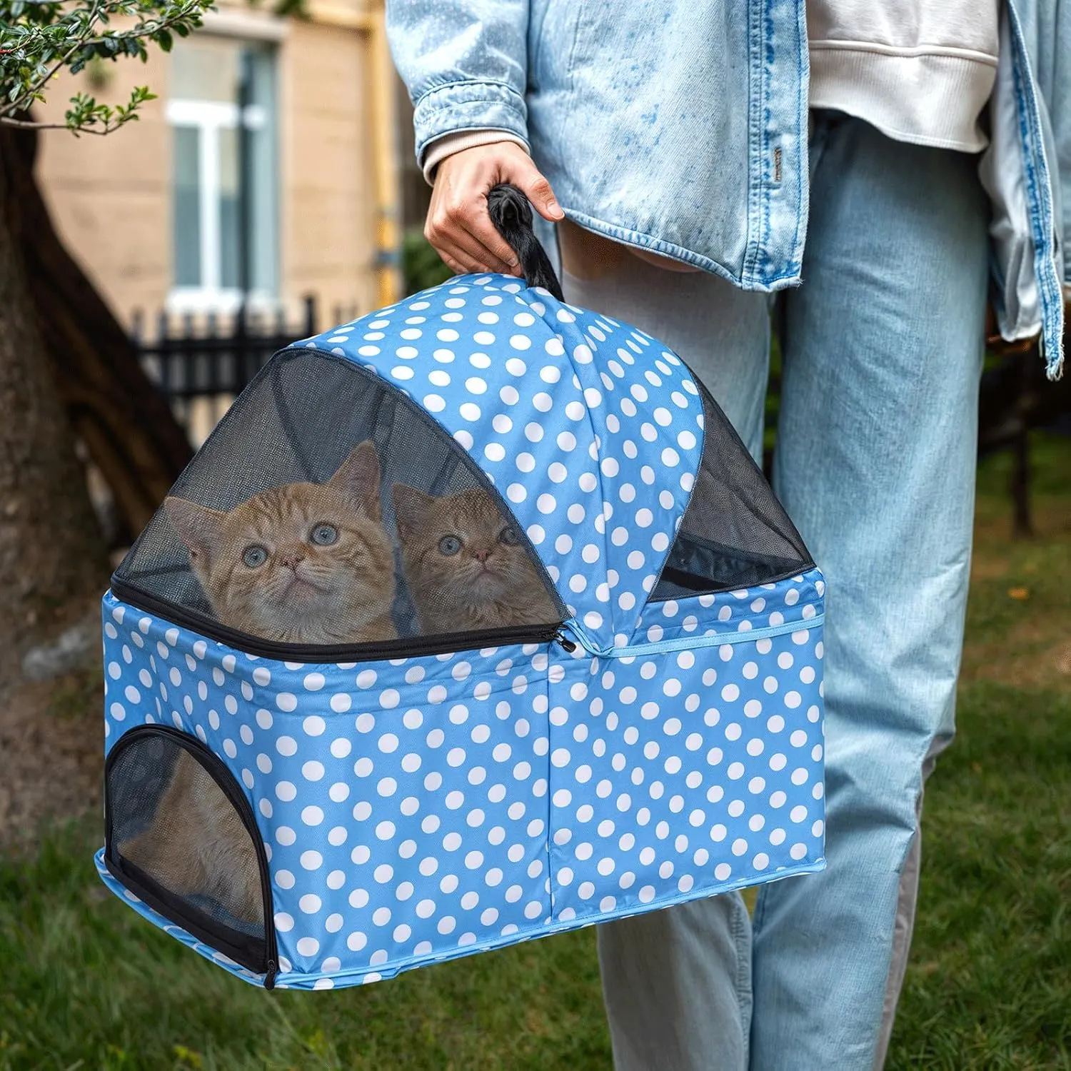 MoNiBloom 3 in 1 Foldable Pet Stroller for Small & Medium Dogs, Detachable Carrier, Car Seat, Push Button Entry, 4-Wheel Jogger for Pets up to 33 lbs, Sky Blue Polka Dots