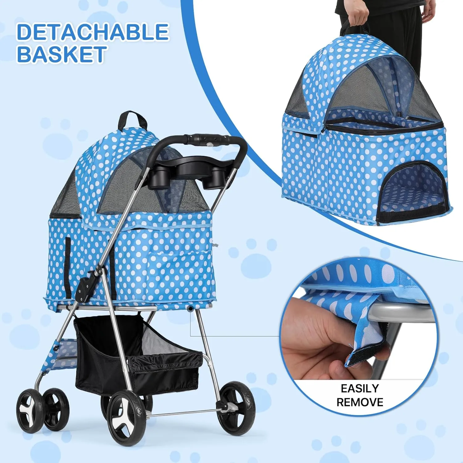 MoNiBloom 3 in 1 Foldable Pet Stroller for Small & Medium Dogs, Detachable Carrier, Car Seat, Push Button Entry, 4-Wheel Jogger for Pets up to 33 lbs, Sky Blue Polka Dots