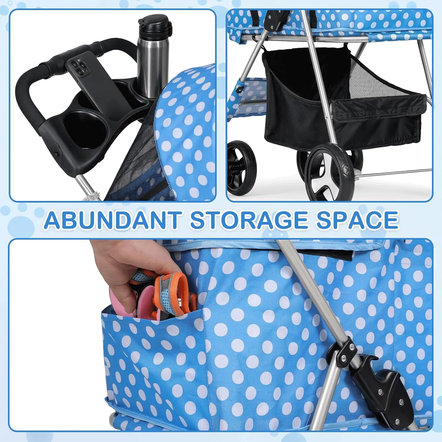 MoNiBloom 3 in 1 Foldable Pet Stroller for Small & Medium Dogs, Detachable Carrier, Car Seat, Push Button Entry, 4-Wheel Jogger for Pets up to 33 lbs, Sky Blue Polka Dots