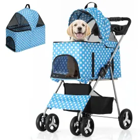 MoNiBloom 3 in 1 Foldable Pet Stroller for Small & Medium Dogs, Detachable Carrier, Car Seat, Push Button Entry, 4-Wheel Jogger for Pets up to 33 lbs, Sky Blue Polka Dots