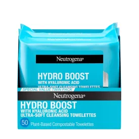 Neutrogena Hydro Boost Face Wipes   Hyaluronic Acid, Hydrating Makeup Remover Wipes Remove Dirt & Waterproof Makeup, Hypoallergenic, 100% Plant-Based Cloth, 2 x 25 ct