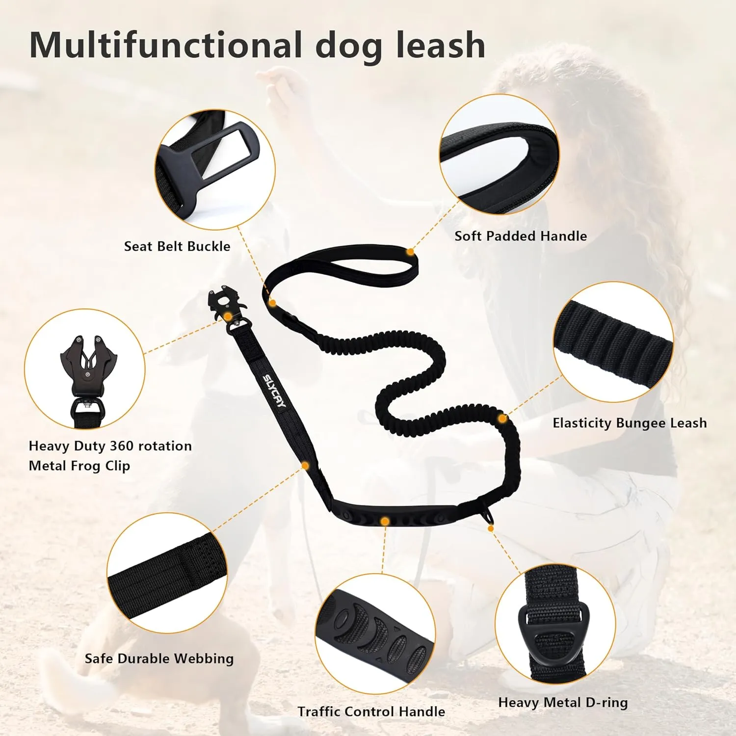 No Pull Tactical Dog Leashes for Medium/Large Dogs - Heavy Duty with Aluminum Frog Clip, Reflective Bungee Leash with Soft Padded Handle, Black 4-6FT Long & Strong with Car Seat Belt