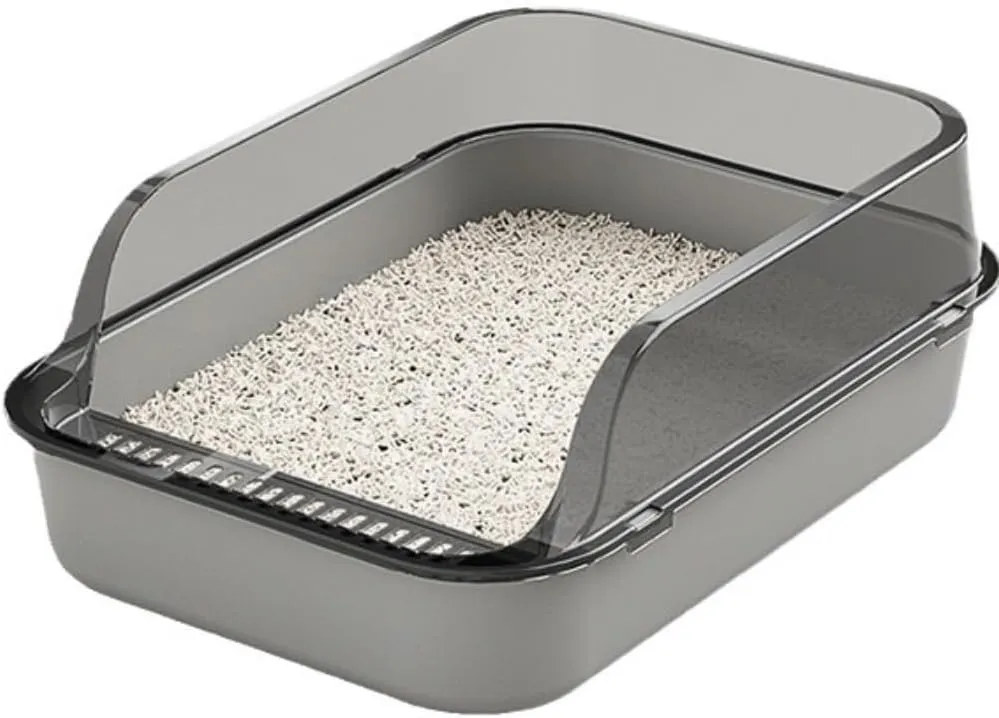 Open Top Semi-Enclosed Cat Litter Box - Easy to Clean Pet Litter Tray, Suitable for Small, Medium, and Large Cats & Rabbits, 18.9" L x 11" W x 6.3" H (Gray)