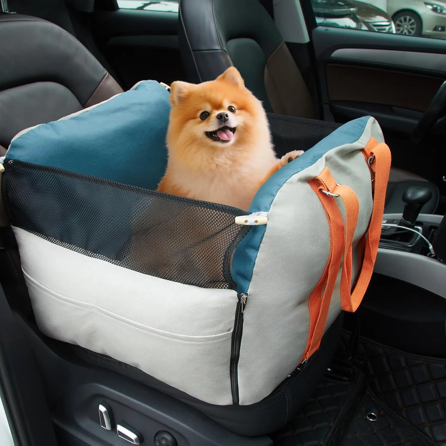 Ownpets Dog Car Seat for Small/Medium Dogs,Waterproof & Scratch-Resistant,Elevated Dog Booster Car Seat with Storage Pockets and Safety Belt,Up to 30lbs