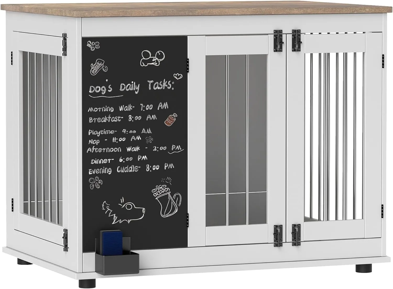PawHut 39" Furniture Style Dog Kennel with Chalkboard, Dog Crate Furniture with Three Doors & Non-Slip Foot Pads, Dog Cage Furniture Side Table for Large Dogs, White