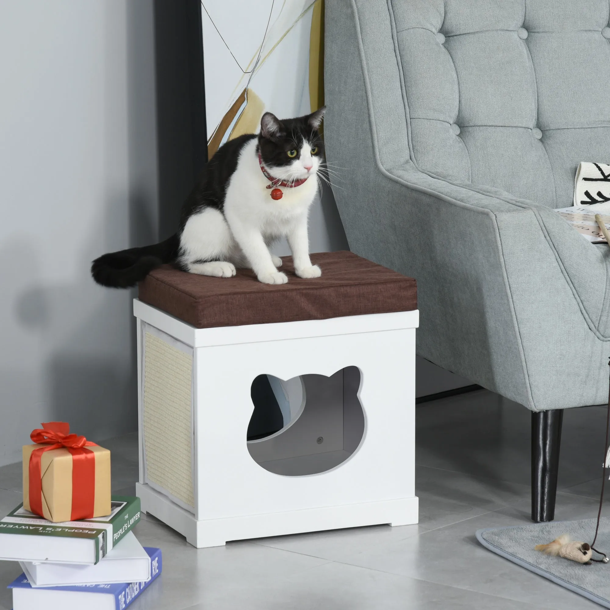 PawHut Cat House Bed Cat Scratching Cube for Small Cat Pet Furniture with Removable Scratching Pad and Soft Cushion White