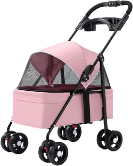 Pet Stroller for Dogs and Cats go Out,Foldable pet Trolley,4 Wheels pet pram cart with Swivel Front Wheel,Rear Wheel with Foot Brakes,Front and Back openable Canopy with mesh Window
