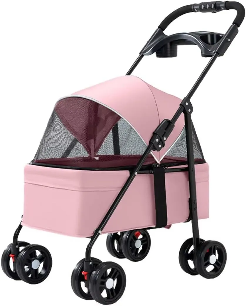 Pet Stroller for Dogs and Cats go Out,Foldable pet Trolley,4 Wheels pet pram cart with Swivel Front Wheel,Rear Wheel with Foot Brakes,Front and Back openable Canopy with mesh Window