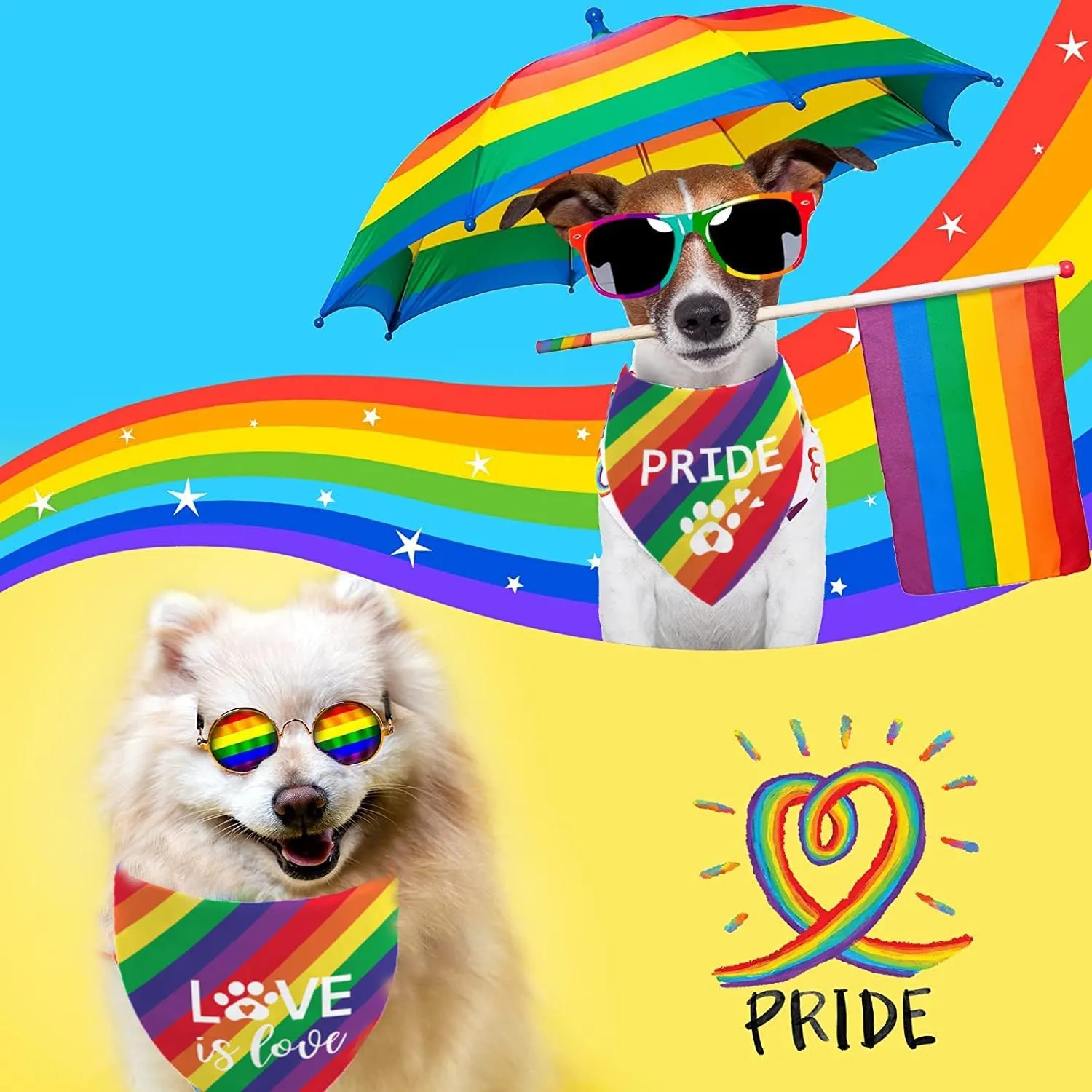 Pride Dog Bandanas Puppy Scarf - LGBT Rainbow Dog Outfits - 2 Pcs Adjustable Triangle Double-Layer Reversible Pet Bandanas for Small Medium Large Dogs