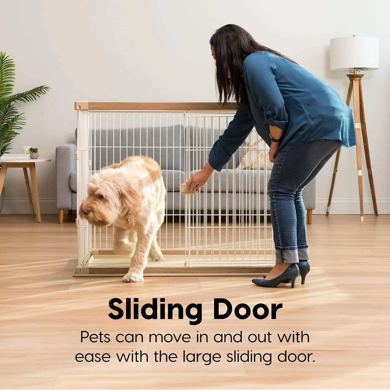 USA Medium Dog Crate, Dog Kennel Indoor with Sliding Door & Bottom Tray, Dog Cage, Wire Pet Pen with Bottom Tray, Stylish Wood-Like Trim, Light Brown